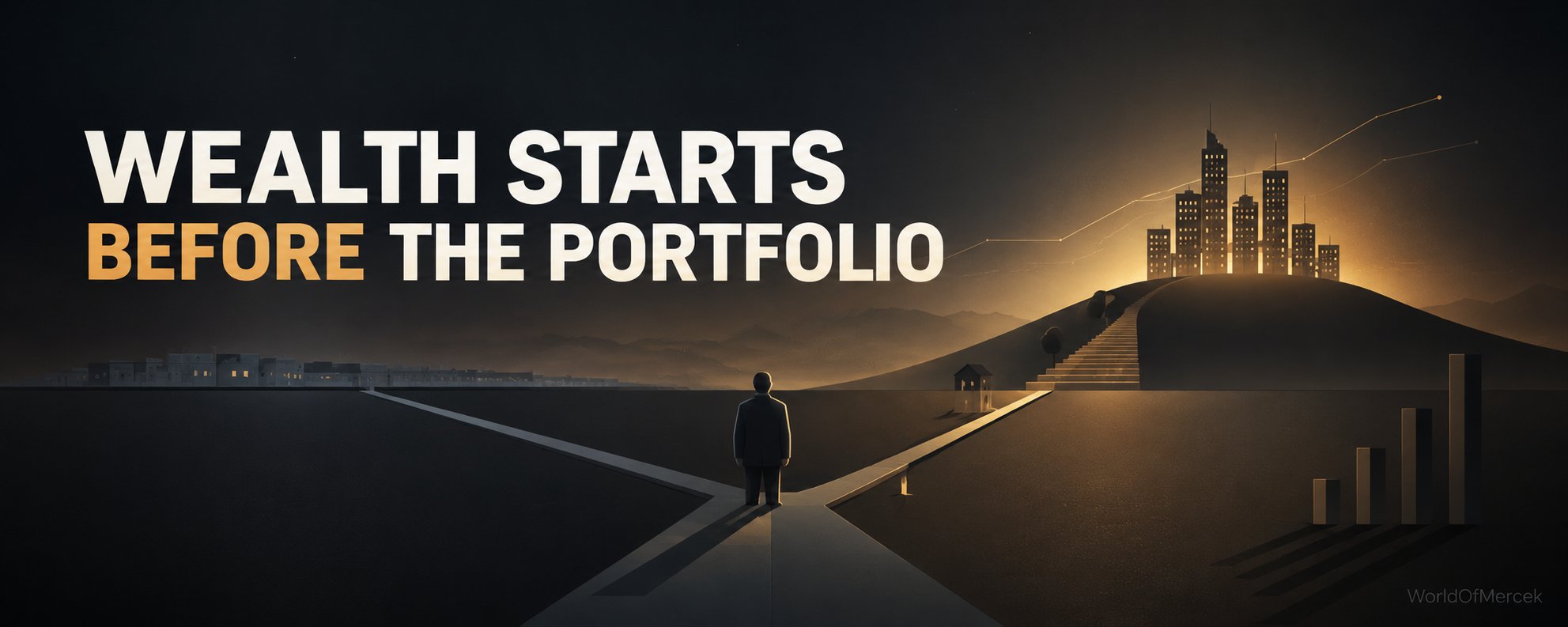 A lone figure at a fork in the road looks toward a glowing city on a hill, with the title Wealth Starts Before the Portfolio