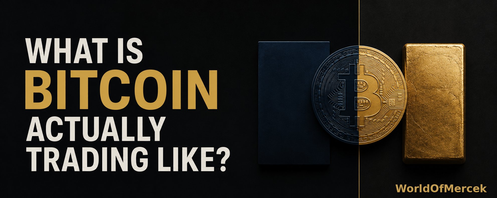 A Bitcoin coin split between a dark block and a gold bar, with the title What Is Bitcoin Actually Trading Like?