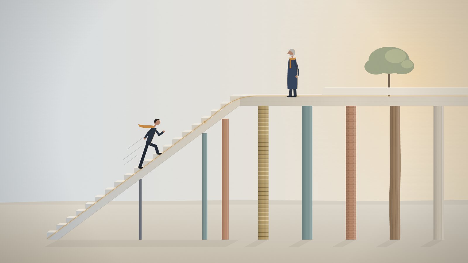 Illustration: a young man runs up a staircase toward a raised platform where an older man stands calmly beside a tree, the platform resting on many different pillars