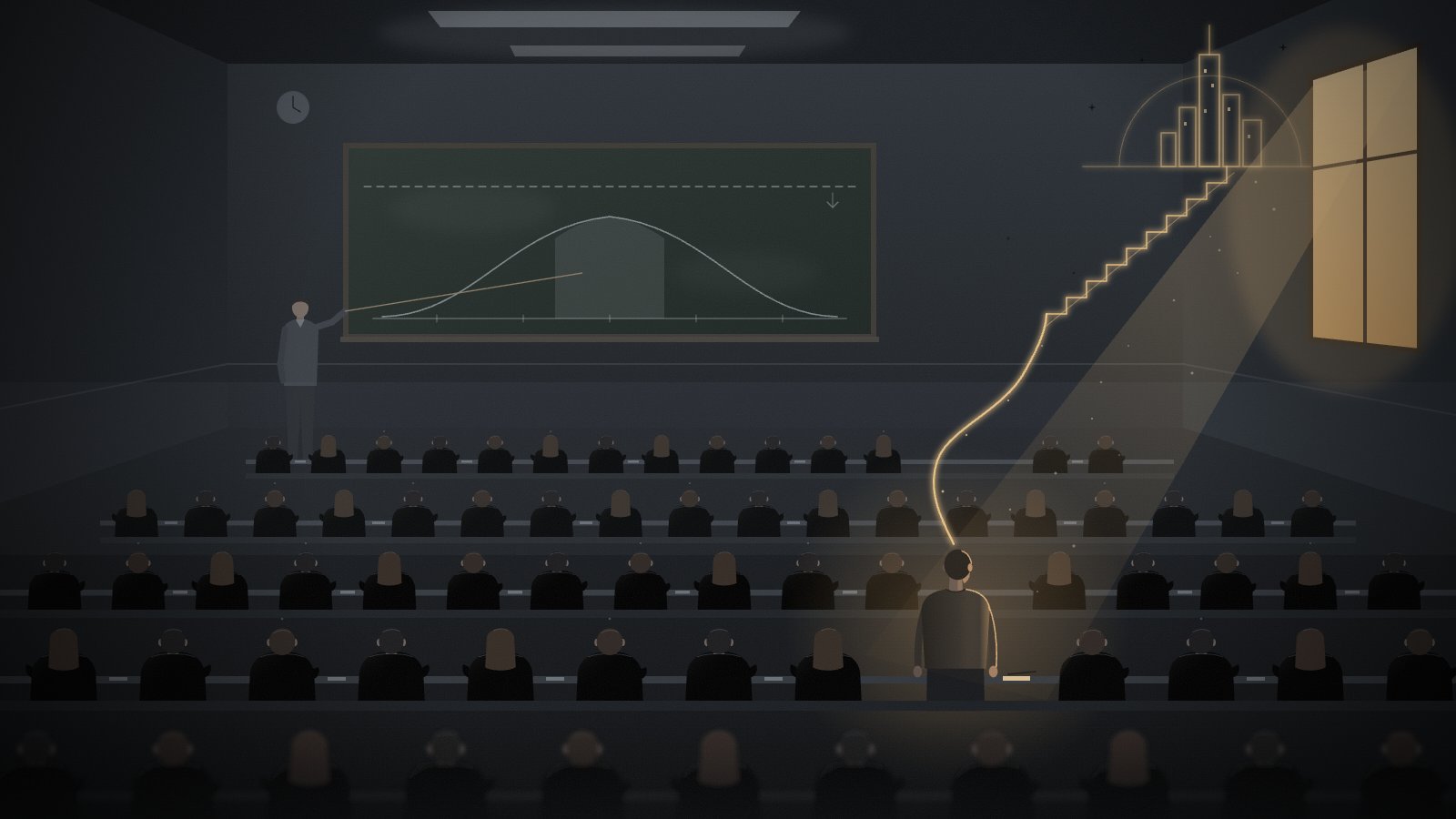 Illustration: a lecture hall facing a bell curve on the blackboard, while one student follows a glowing path up a staircase toward a city skyline