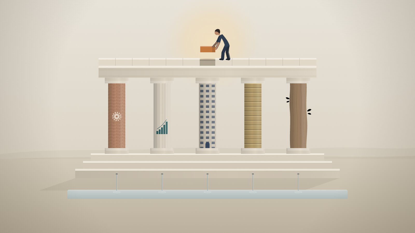 Illustration: a person adds a brick to a temple roof held up by five different pillars, one of them cracked, so no single pillar carries the load